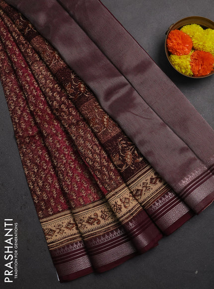 Chanderi silk cotton saree wine shade with allover prints and zari woven border