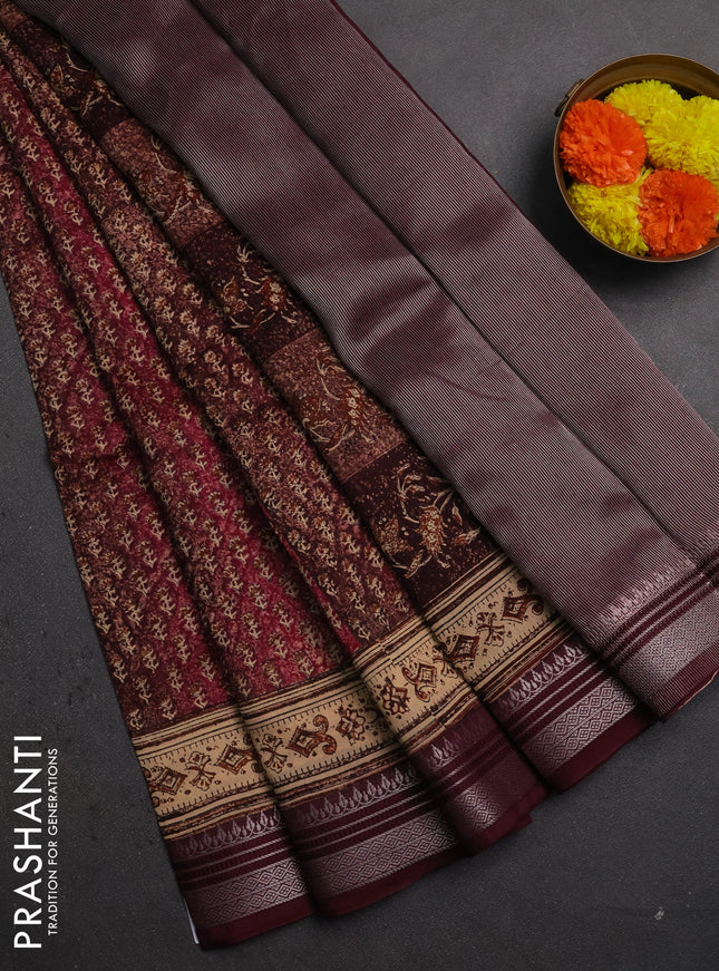 Chanderi silk cotton saree wine shade with allover prints and zari woven border