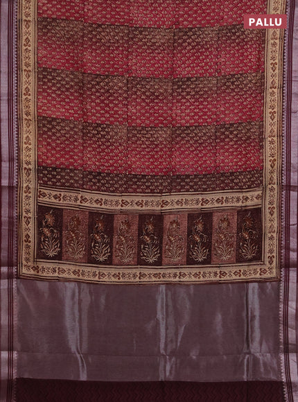 Chanderi silk cotton saree wine shade with allover prints and zari woven border
