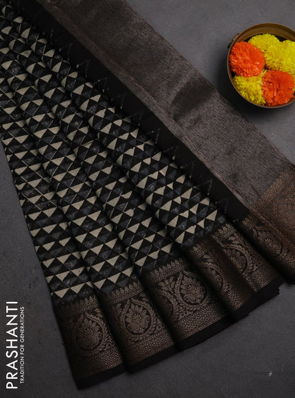 Chanderi silk cotton saree black with allover geometric prints and banarasi style border