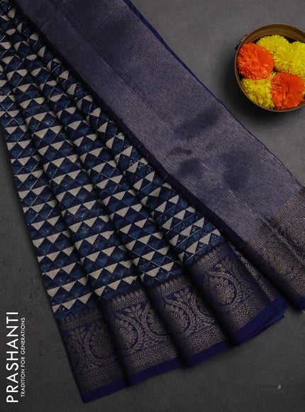 Chanderi silk cotton saree blue with allover geometric prints and banarasi style border
