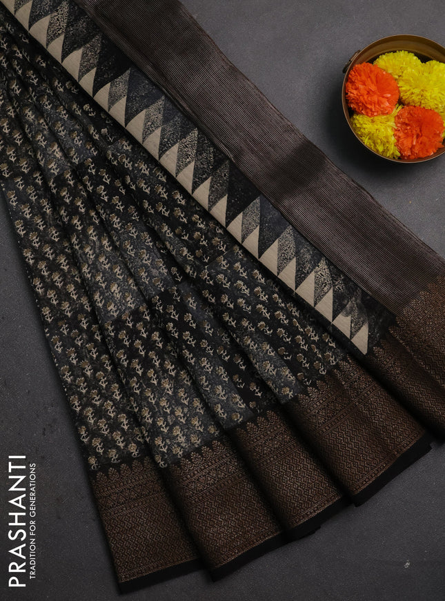 Chanderi silk cotton saree grey and black with allover prints and banarasi style border