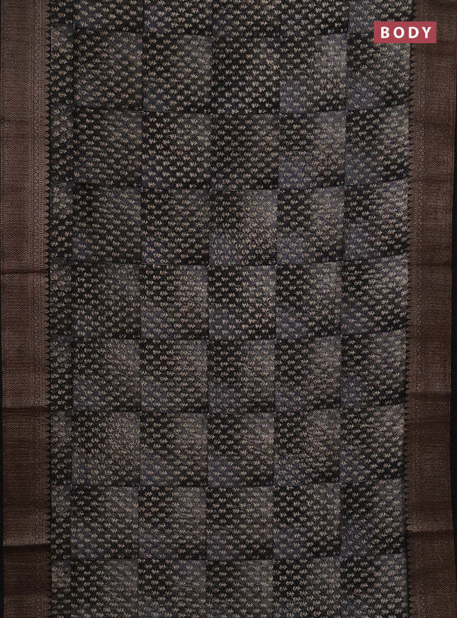 Chanderi silk cotton saree grey and black with allover prints and banarasi style border