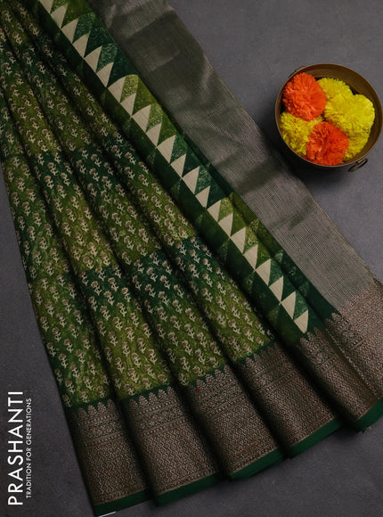 Chanderi silk cotton saree light green and green with allover prints and banarasi style border