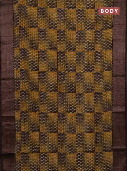 Chanderi silk cotton saree yellow and coffee brown with allover prints and banarasi style border