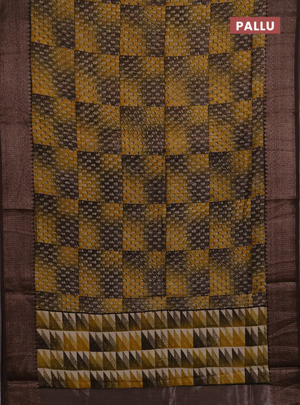 Chanderi silk cotton saree yellow and coffee brown with allover prints and banarasi style border