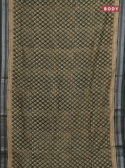 Chanderi silk cotton saree bottle green with allover prints and silver zari woven border