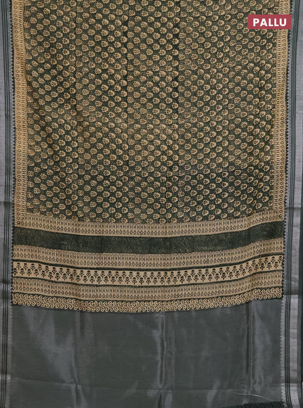 Chanderi silk cotton saree bottle green with allover prints and silver zari woven border