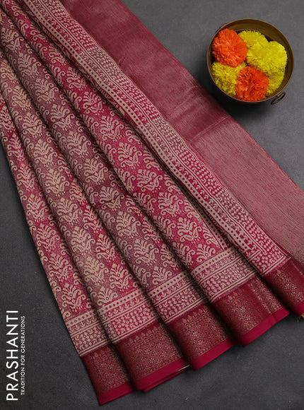 Chanderi silk cotton saree wine shade with allover prints and banarasi style border