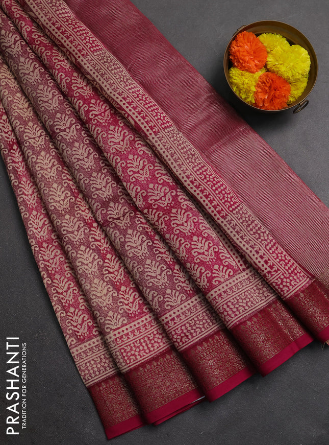 Chanderi silk cotton saree wine shade with allover prints and banarasi style border