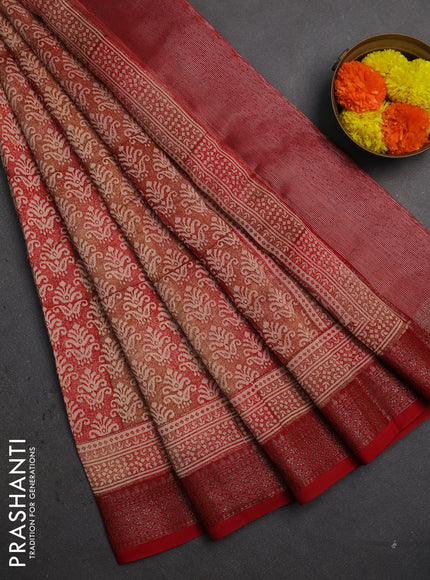 Chanderi silk cotton saree peach shade and maroon with allover prints and banarasi style border