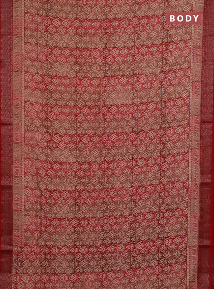 Chanderi silk cotton saree peach shade and maroon with allover prints and banarasi style border