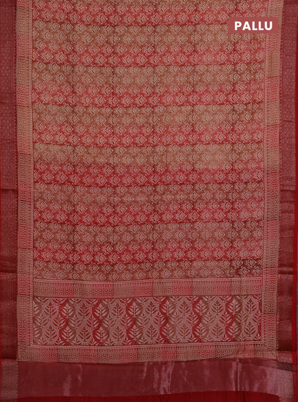 Chanderi silk cotton saree peach shade and maroon with allover prints and banarasi style border