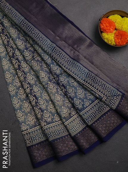 Chanderi silk cotton saree blue with allover prints and banarasi style border