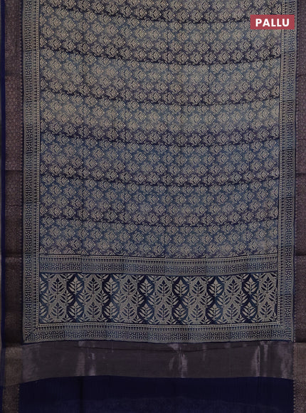 Chanderi silk cotton saree blue with allover prints and banarasi style border