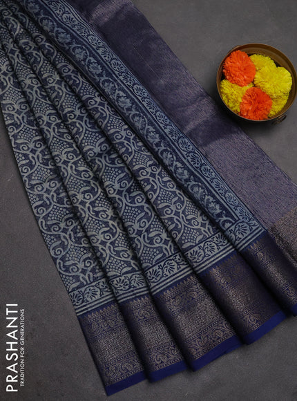 Chanderi silk cotton saree blue with allover prints and banarasi style border