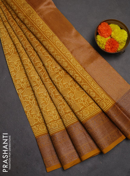 Chanderi silk cotton saree mustard yellow with allover prints and banarasi style border