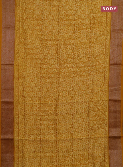Chanderi silk cotton saree mustard yellow with allover prints and banarasi style border