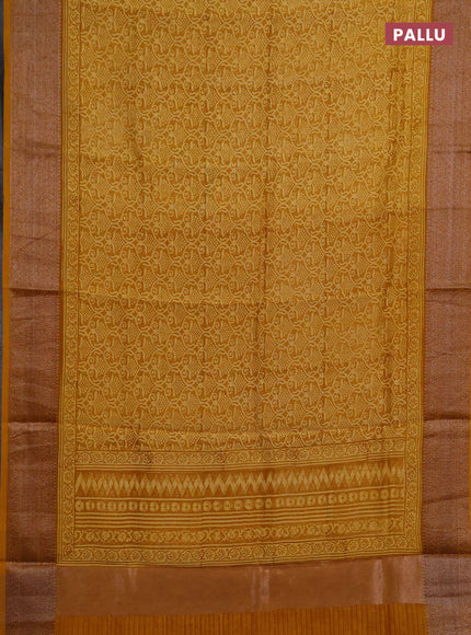 Chanderi silk cotton saree mustard yellow with allover prints and banarasi style border