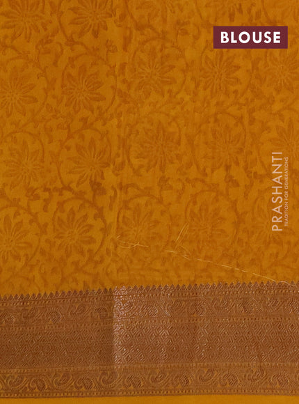Chanderi silk cotton saree mustard yellow with allover prints and banarasi style border