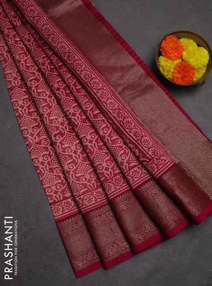 Chanderi silk cotton saree peach shade and wine shade with allover prints and banarasi style border