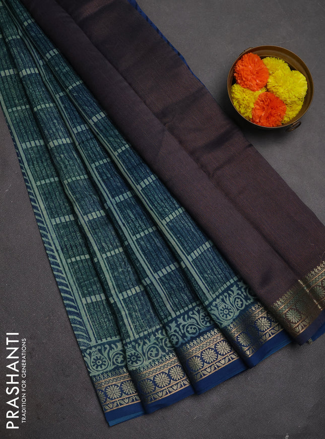 Chanderi silk cotton saree teal green and teal blue with allover prints and thread woven border