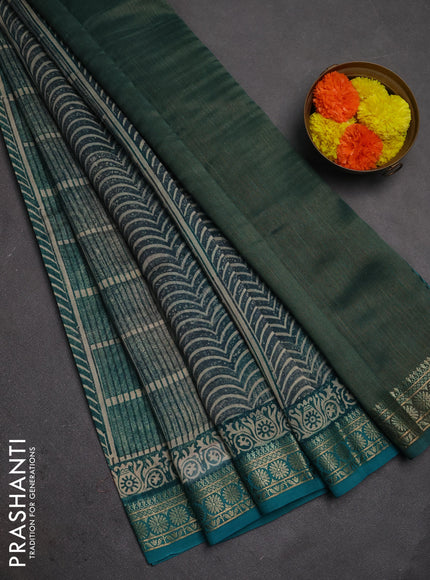 Chanderi silk cotton saree teal green with allover prints and thread woven border