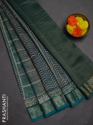 Chanderi silk cotton saree teal green with allover prints and thread woven border