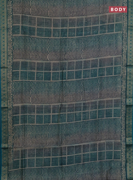 Chanderi silk cotton saree teal green with allover prints and thread woven border