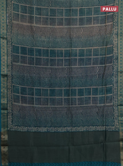 Chanderi silk cotton saree teal green with allover prints and thread woven border