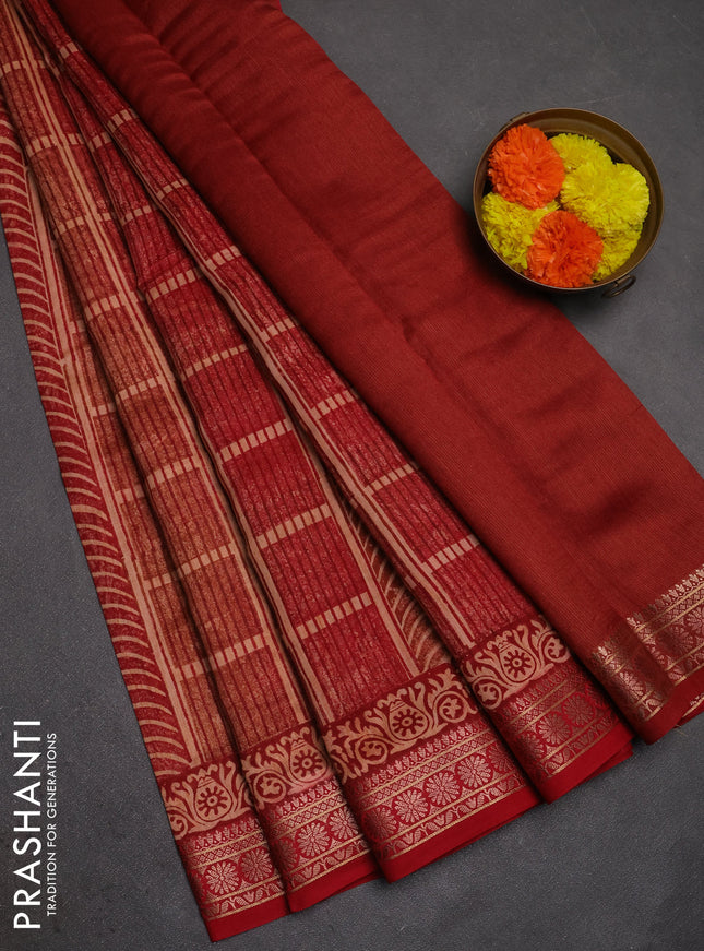 Chanderi silk cotton saree maroon with allover prints and thread woven border