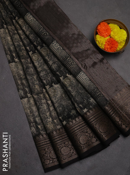Chanderi silk cotton saree black with allover prints and banarasi style border