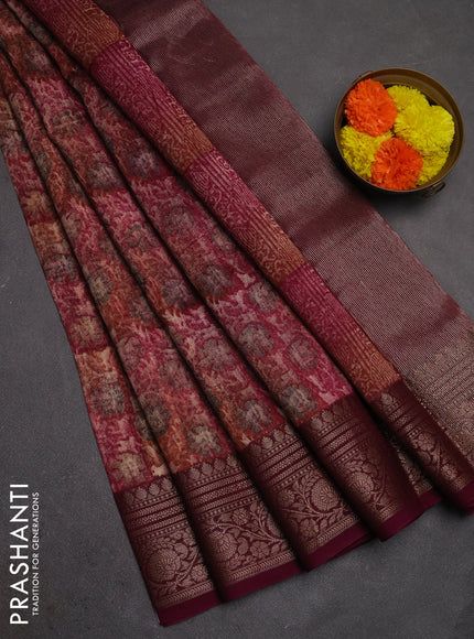 Chanderi silk cotton saree wine shade with allover prints and banarasi style border