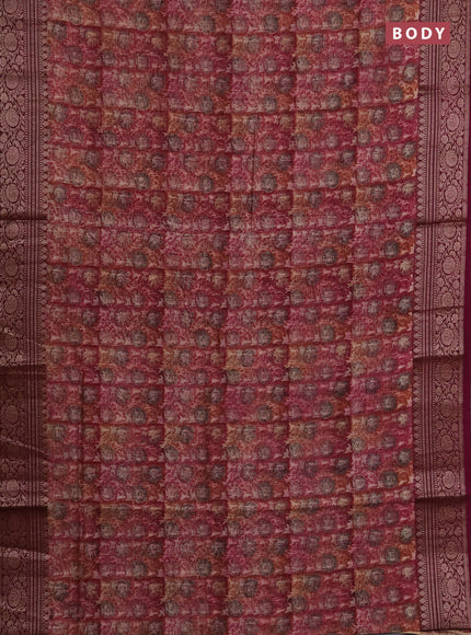 Chanderi silk cotton saree wine shade with allover prints and banarasi style border