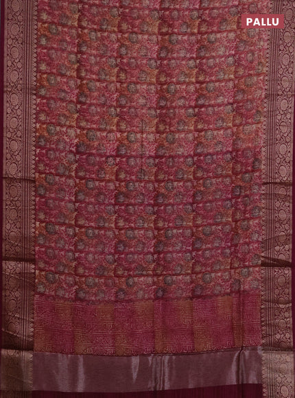 Chanderi silk cotton saree wine shade with allover prints and banarasi style border