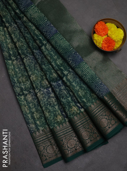 Chanderi silk cotton saree green with allover prints and banarasi style border