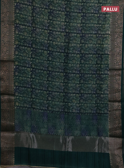Chanderi silk cotton saree green with allover prints and banarasi style border