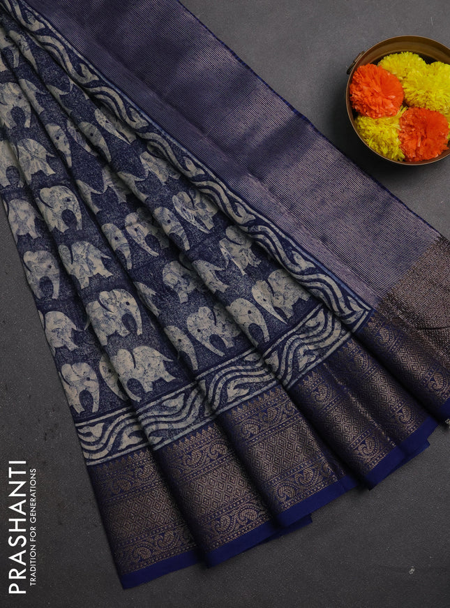 Chanderi silk cotton saree indigo blue with allover butta prints and banarasi style border