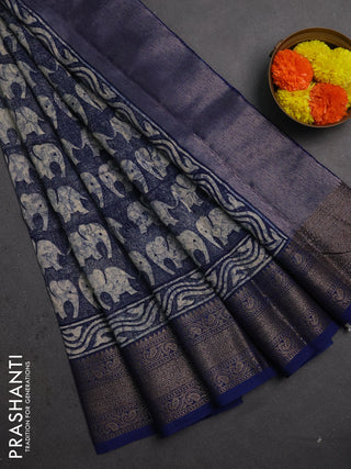 Chanderi silk cotton saree indigo blue with allover butta prints and banarasi style border