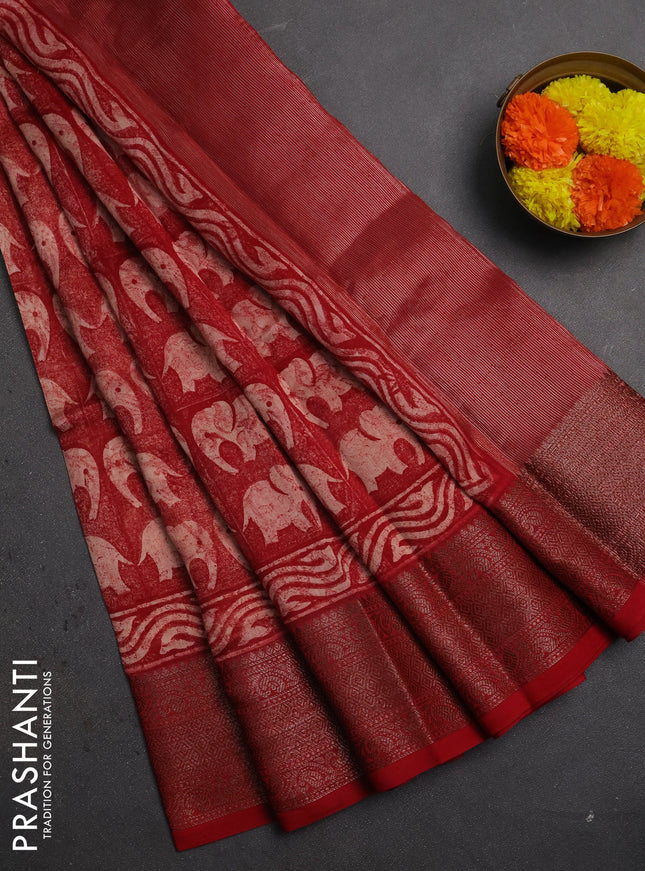 Chanderi silk cotton saree peach shade and maroon with allover butta prints and banarasi style border