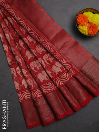 Chanderi silk cotton saree peach shade and maroon with allover butta prints and banarasi style border
