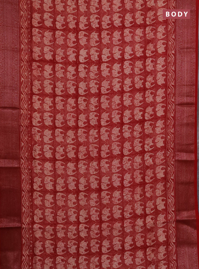 Chanderi silk cotton saree peach shade and maroon with allover butta prints and banarasi style border