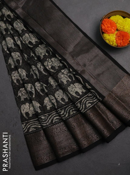 Chanderi silk cotton saree black with allover butta prints and banarasi style border