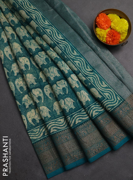 Chanderi silk cotton saree beige and teal green with allover butta prints and banarasi style border