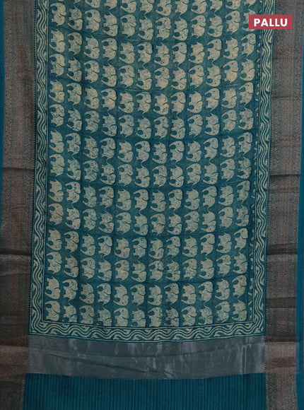 Chanderi silk cotton saree beige and teal green with allover butta prints and banarasi style border