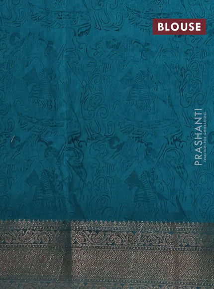 Chanderi silk cotton saree beige and teal green with allover butta prints and banarasi style border