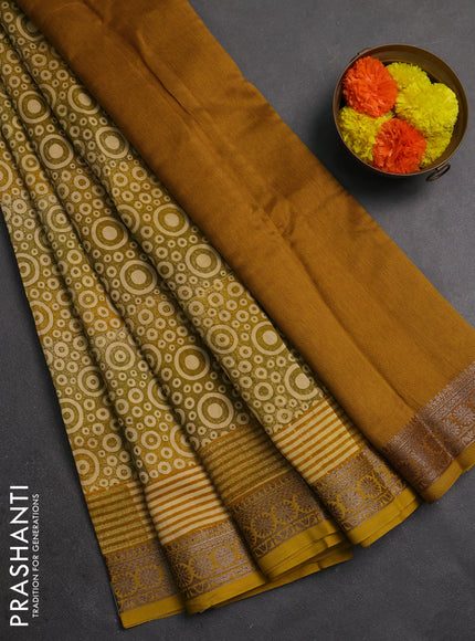 Chanderi silk cotton saree mustard yellow with allover geometric prints and banarasi style border