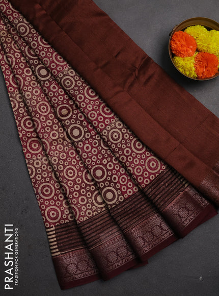 Chanderi silk cotton saree wine shade and deep maroon with allover geometric prints and banarasi style border