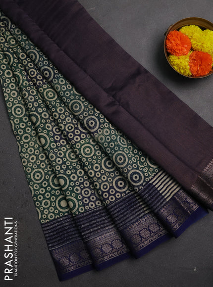 Chanderi silk cotton saree green shade and indigo blue with allover geometric prints and banarasi style border