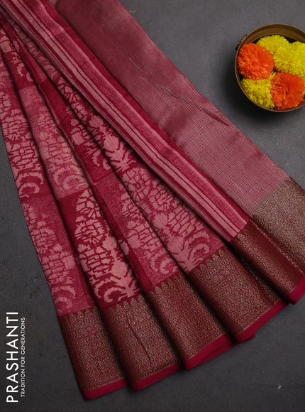 Chanderi silk cotton saree wine shade with allover prints and banarasi style border